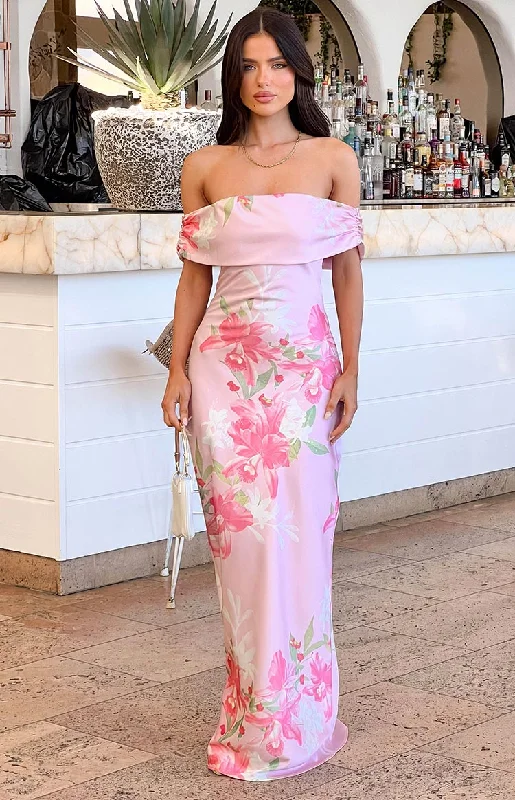 Best Bargains Seraphina Pink Floral Print Off The Shoulder Maxi Dress