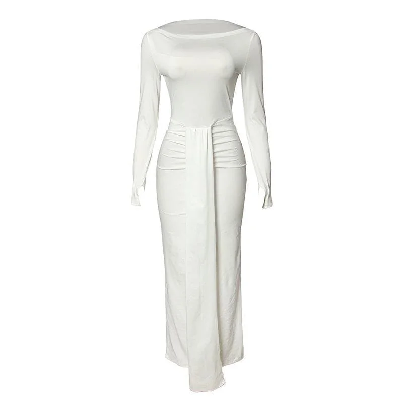 Seasonal Clearance BerryBetty - Ruched solid long sleeve round neck maxi dress