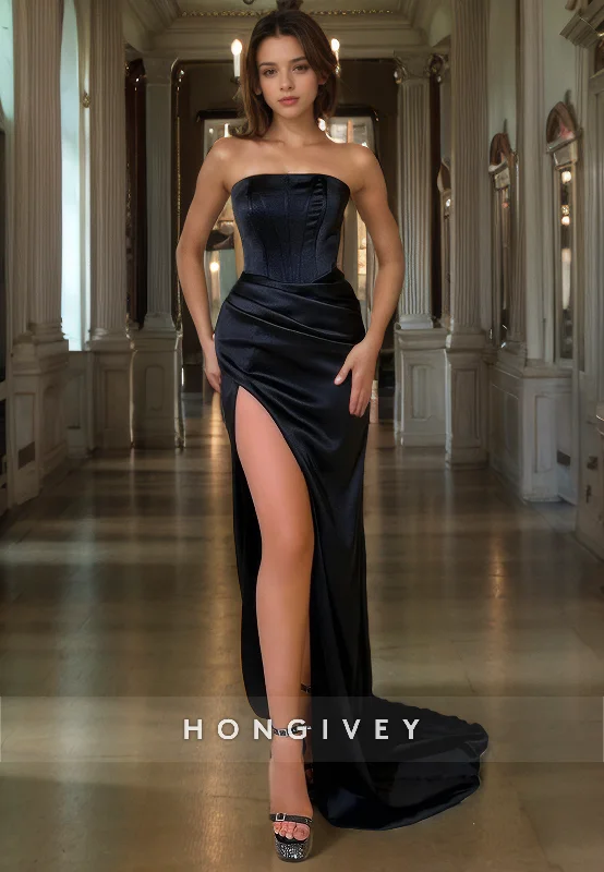 Daily Deals L0952 - Simple Strapless High Slit With Train Evening Party Prom Dress Daily Deals L0952 - Simple Strapless High Slit With Train Evening Party Prom Dress