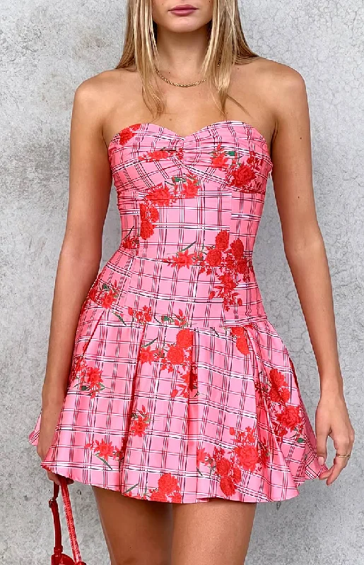 Referral Discount Blu Pink Floral Strapless Mini Dress