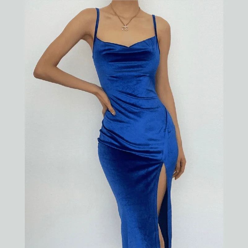 Factory Direct Sale BerryBetty - Sleeveless velvet slit cowl neck backless cami midi dress