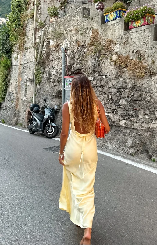 Quick Sale Carnation Yellow Satin Maxi Dress