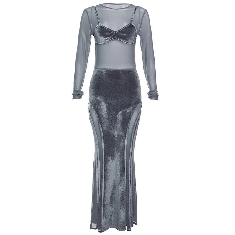 Limited Availability BerryBetty - Velvet patchwork long sleeve mesh round neck maxi dress