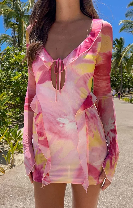 Daily Deals Surround Sound Pink Floral Mesh Long Sleeve Mini Dress