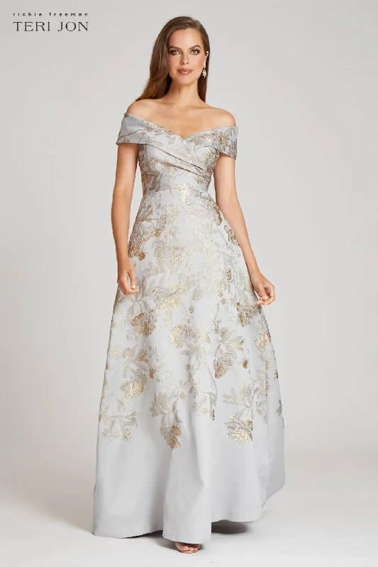 Closeout Off The Shoulder Metallic Jacquard A-Line Gown