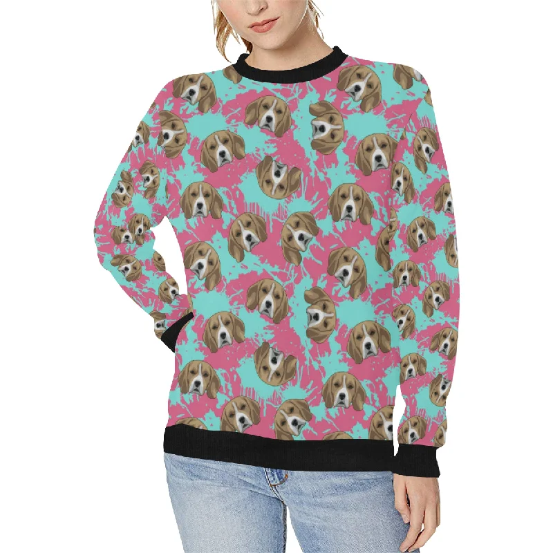 Take Advantage Beagle muzzles turquoise paint splashes pink patte Women's Crew Neck Sweatshirt