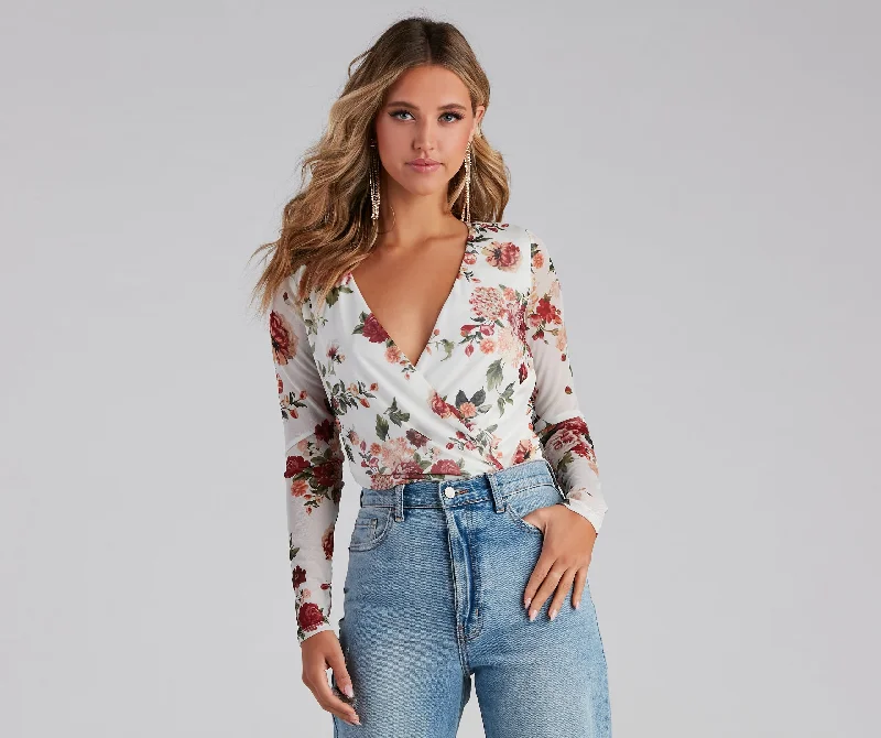 Natural Bloom Mesh Floral Surplice Bodysuit