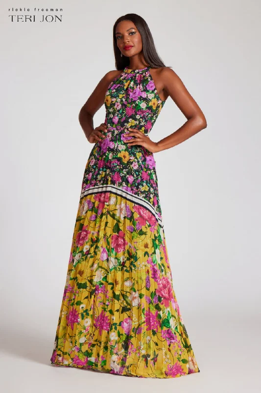 Can't Miss Floral Pleated Halter Neck Gown