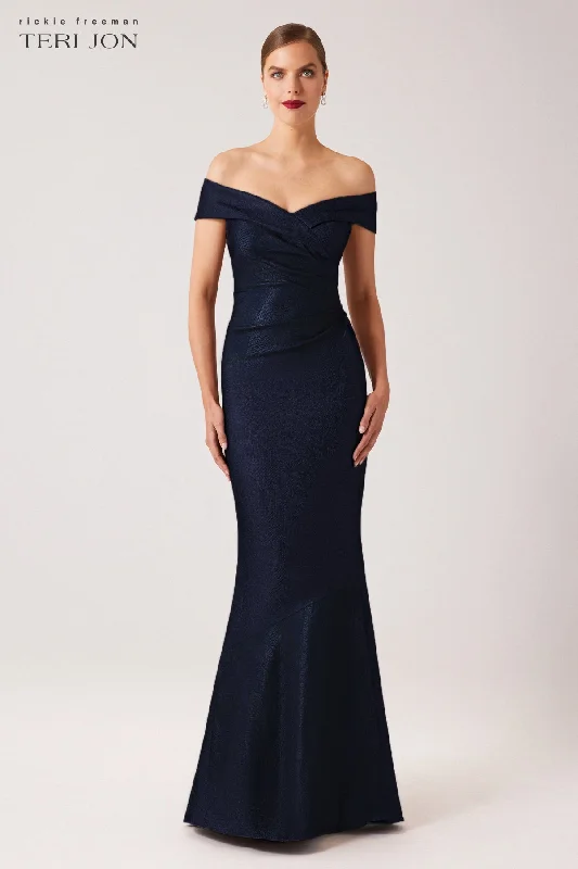 Daily Deals Metallic Jacquard Portrait Off Shoulder Gown