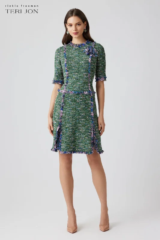 Best Seller Boucle Tweed Chiffon Trim Short Sleeve Dress