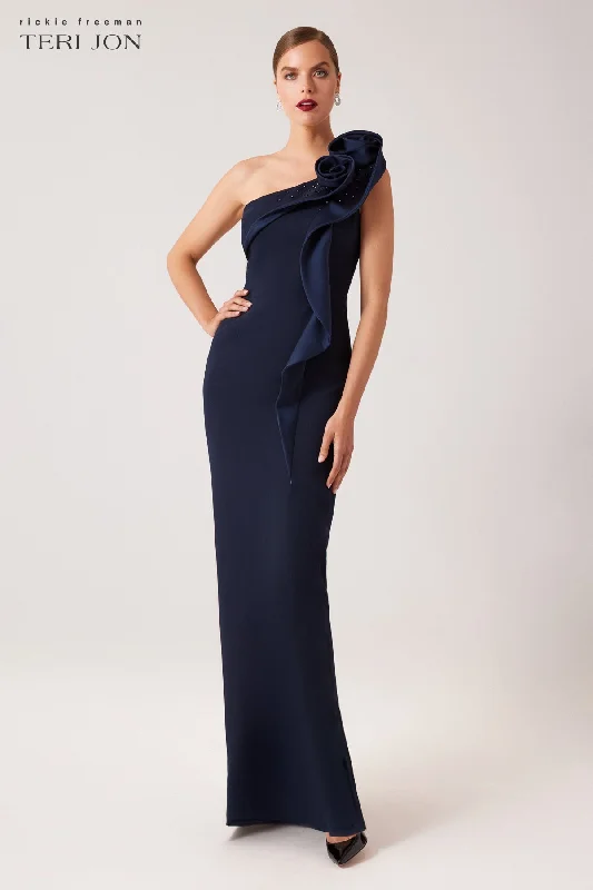 Can't Miss Formal Crepe Trim Self Flower Gown