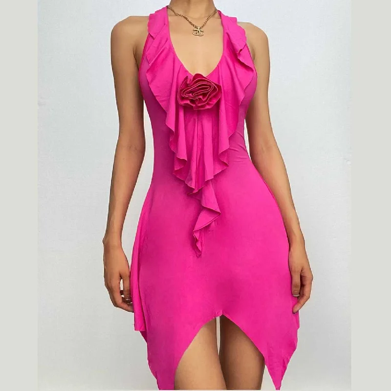 Big Discounts BerryBetty - Halter flower applique backless ruffle u neck solid mini dress