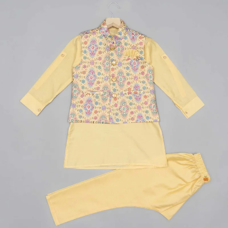Flash Deals Yellow Printed Boys Kurta Pajama with Jacket
