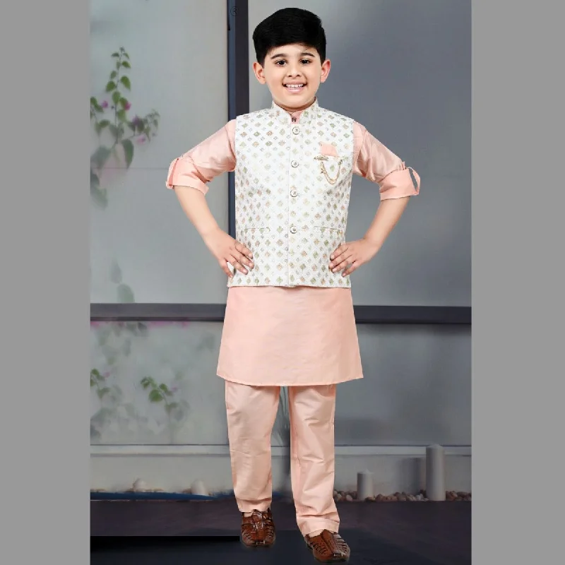 Don't Miss Cream Embroidered Boys Kurta Pajama with Jacket