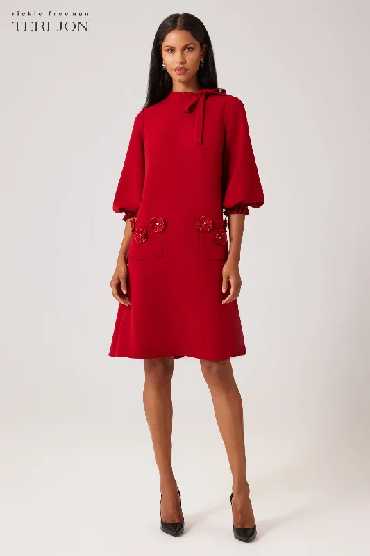 Low Prices Crepe Tie Neck Flower Applique Trim Dress