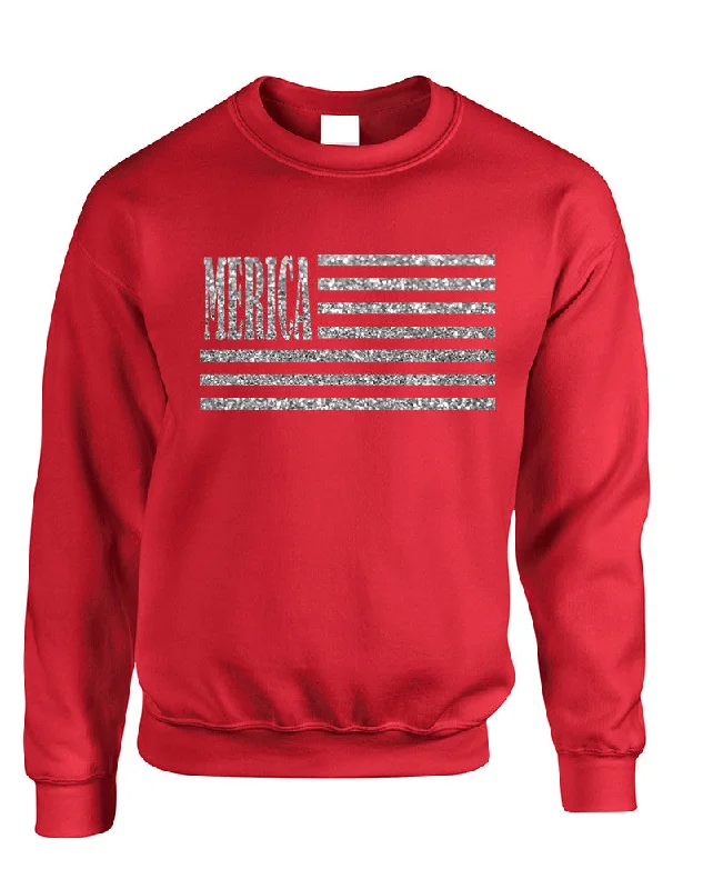 Last Chance Adult Sweatshirt Merica Glitter Silver Flag 4th Of July USA