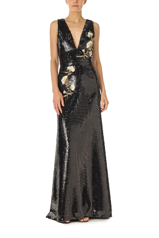 Steals and Deals Embroidered Sequin V-Neck Gown