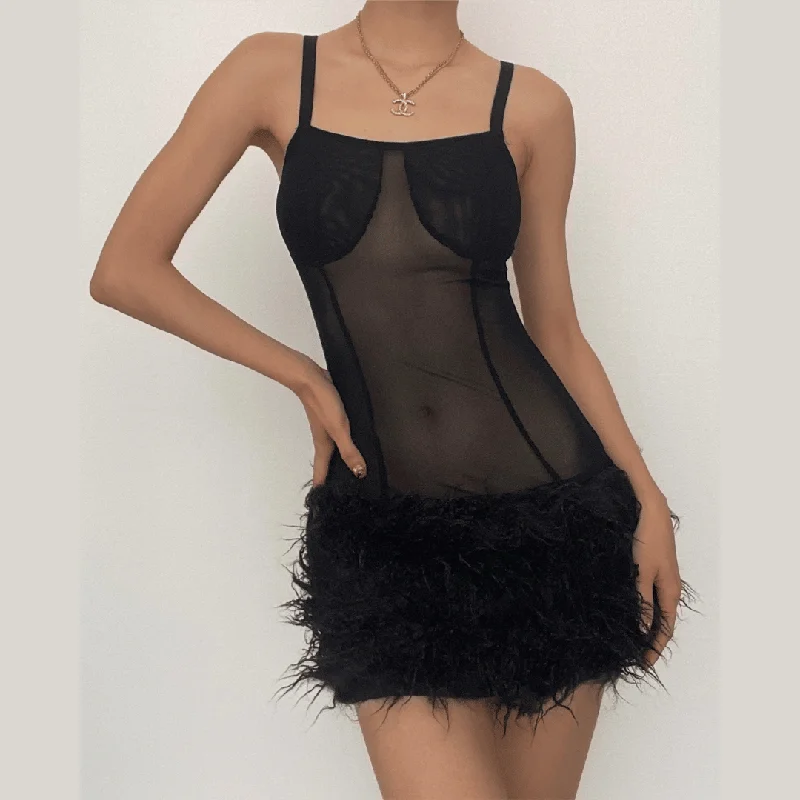 Early Access BerryBetty - Mesh see through feather sleeveless backless mini dress