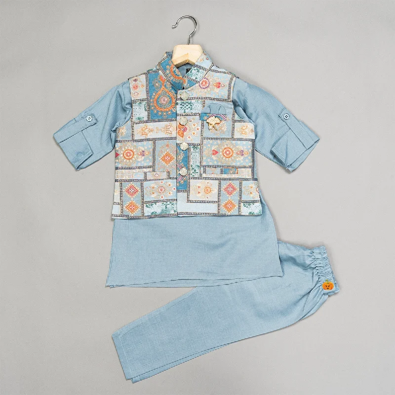 Take Advantage Blue Printed Kurta Pajama with Waistcoat