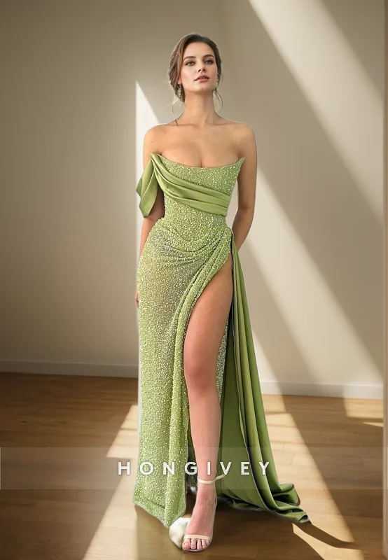 Deal Zone L0945 - Sheer Paneled Lace Sequins Sparkly High Slit With Train Party Evening  Prom Dress