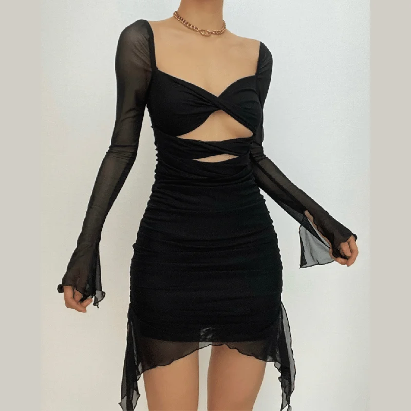 Buy Now BerryBetty - Long sleeve solid hollow out slit mesh ruched zip-up backless mini dress