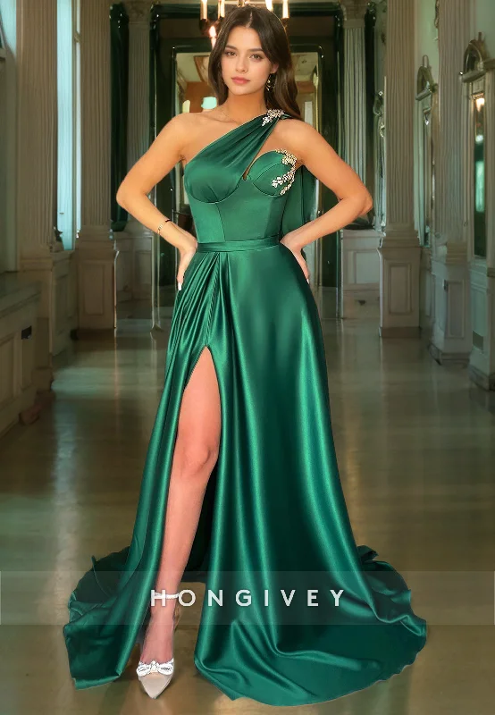 New Arrival One Shoulder Satin A-Line Sleeveless Appliques With Side Slit Train Casual Party Prom Evening Dress New Arrival One Shoulder Satin A-Line Sleeveless Appliques With Side Slit Train Casual Party Prom Evening Dress