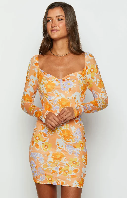 Special Price Ashi Orange Floral Long Sleeve Mini Dress
