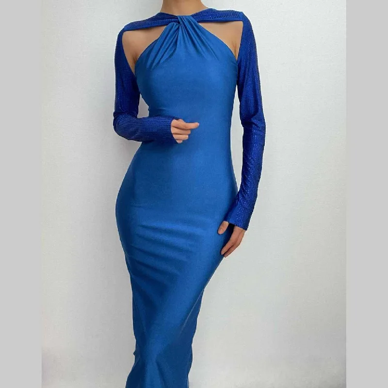 Warehouse Sale BerryBetty - Long sleeve beaded zip-up hollow out patchwork maxi dress