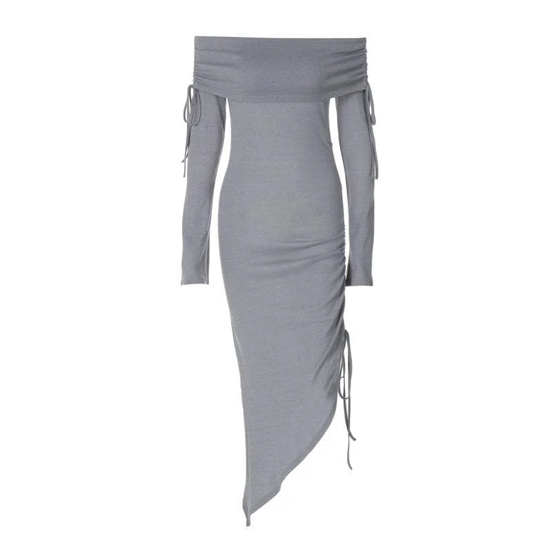 Special Buy BerryBetty - Drawstring off shoulder irregular long sleeve solid midi dress