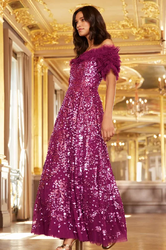 Hot Deal Sequin Wreath Off-Shoulder Gown