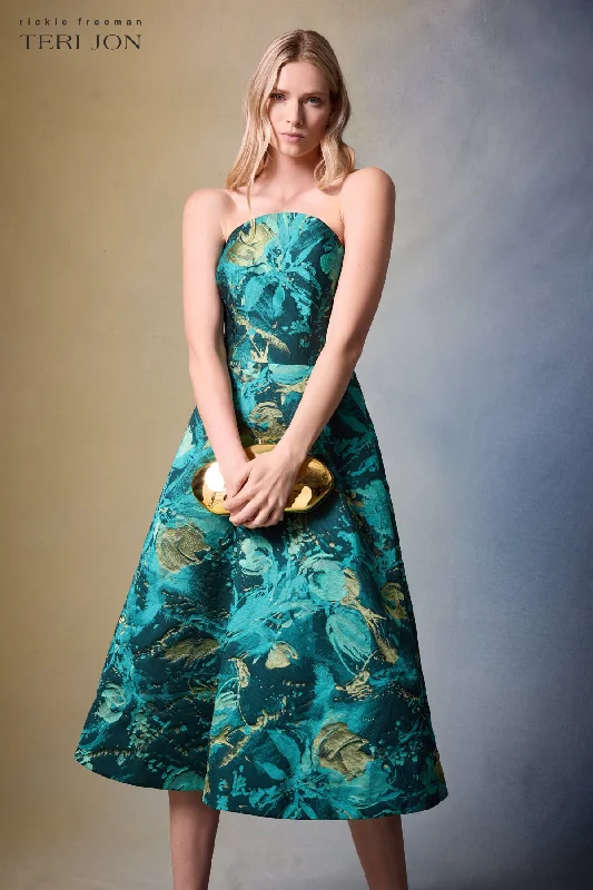 Extra Discounts Strapless Jacquard Fit And Flare Midi Dress