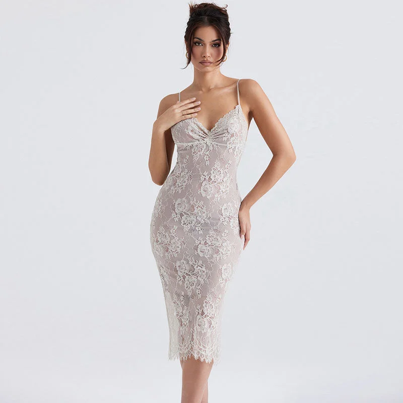 Bargain Prices BerryBetty - Floral Lace Ruched Trim Open Back Bodycon Slip Cocktail Midi Dress - White Bargain Prices BerryBetty - Floral Lace Ruched Trim Open Back Bodycon Slip Cocktail Midi Dress - White