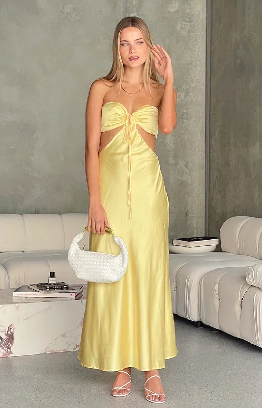 Savings Galore Lili Yellow Satin Strapless Maxi Dress