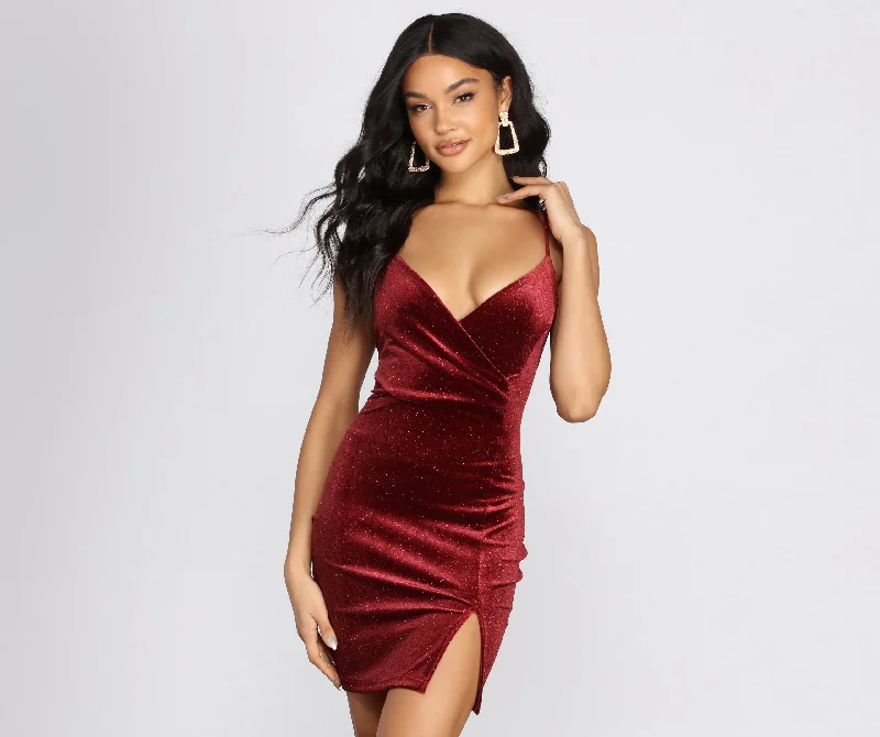 Glitter Velvet Front Slit Mini Dress