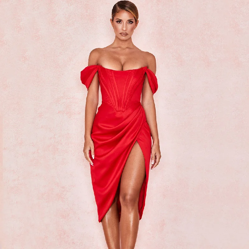 Low Prices BerryBetty - Off Shoulder Draped Corset Cocktail Midi Dress - Red