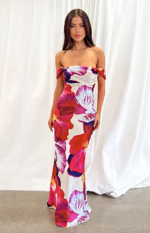 Can't Miss Ella Pink Floral Print Off Shoulder Formal Dress