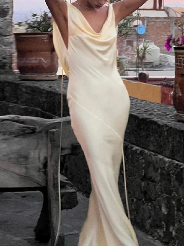 Satin Backless Tie Up Maxi Dress