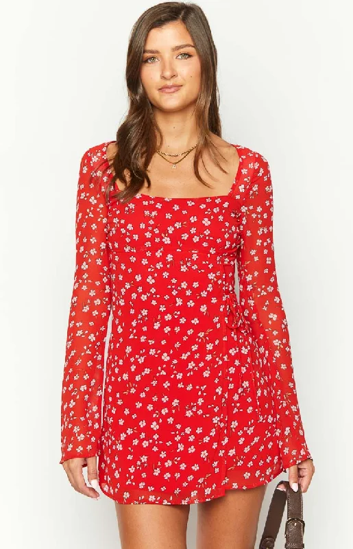Deal Dash Goldie Red Floral Long Sleeve Mini Dress