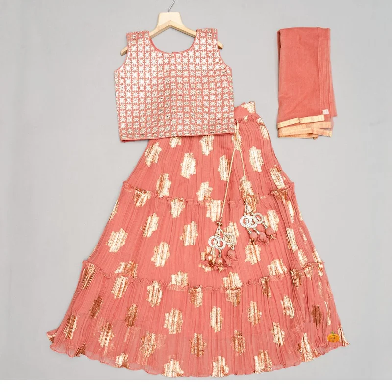 Super Bargain Peach Embroidered Girls Lehenga Choli
