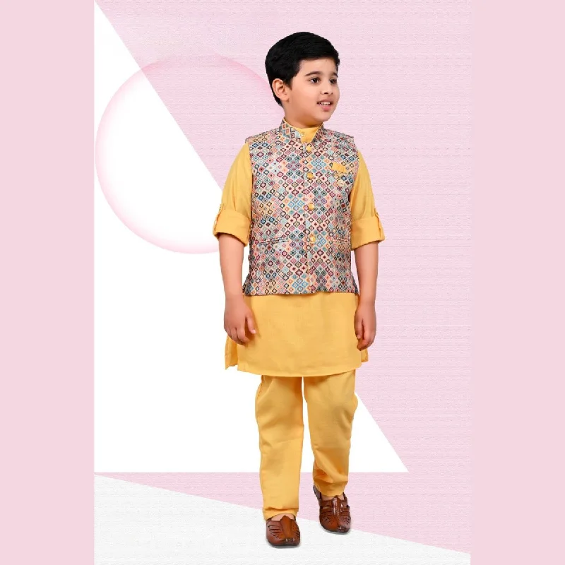 Discount Deals Golden Printed Boys Kurta Pajama with Jacket