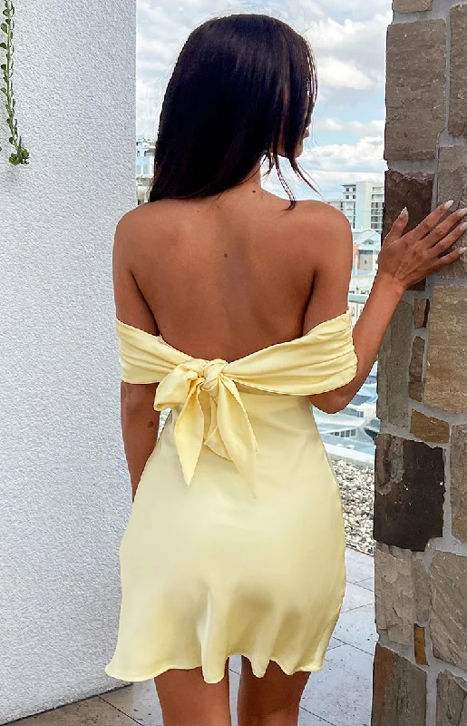 Exclusive Online Offer Primrose Yellow Satin Off the Shoulder Mini Dress