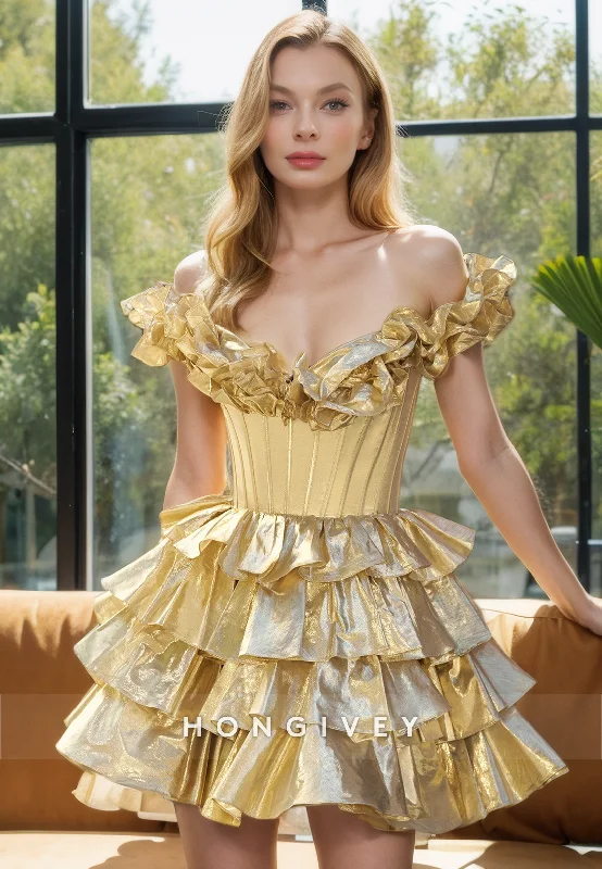Discount Deals A-Line Off-Shoulder Tiered Empire Party Prom Evening Homecoming Dress