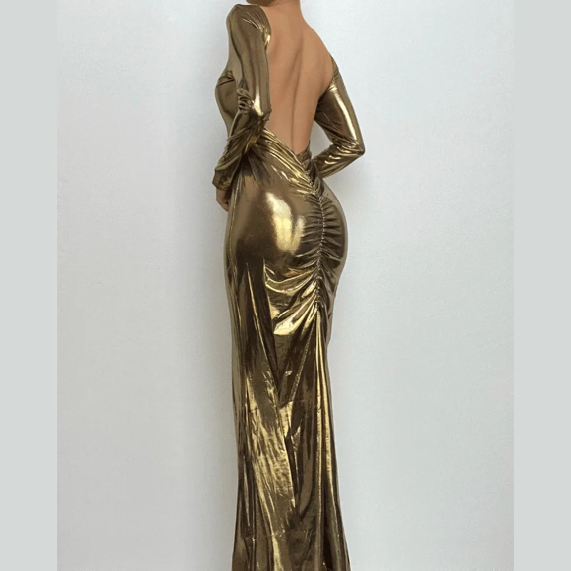 TIME-Limited Offer BerryBetty - Metallic long sleeve backless round neck ruched maxi dress