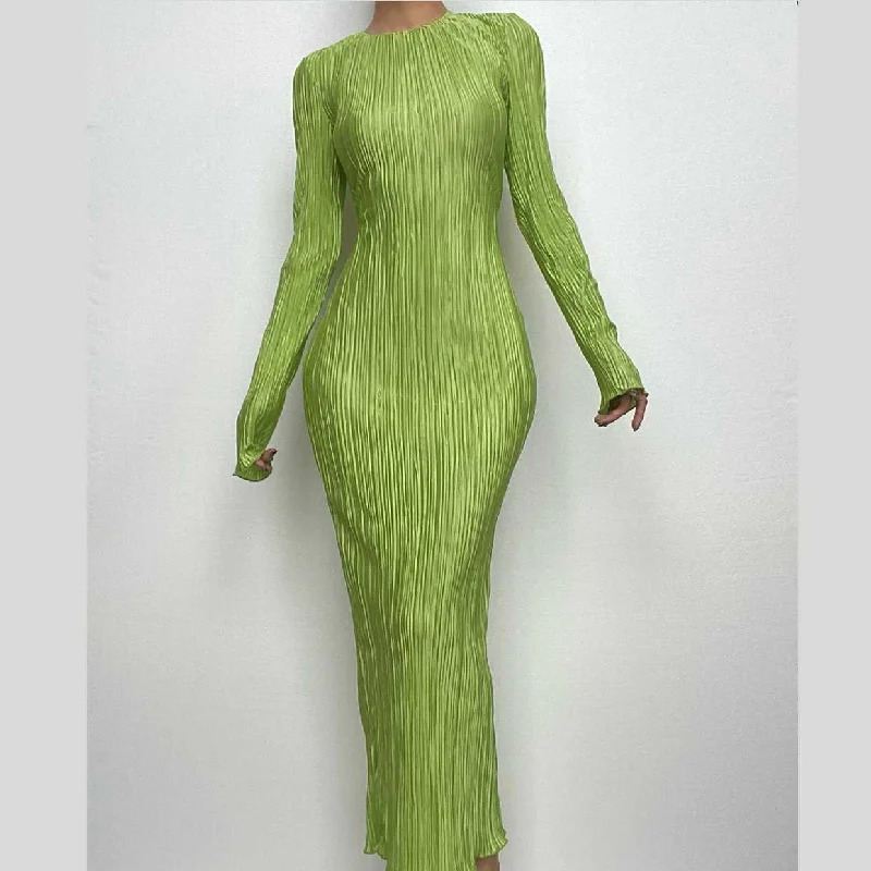 Deal Explosion BerryBetty - Long sleeve crewneck ruffle textured solid maxi dress
