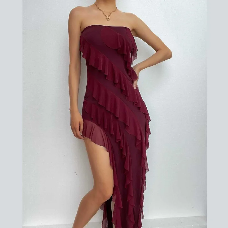 Get It Before It’s Gone BerryBetty - Irregular backless solid ruffle slit tube midi dress