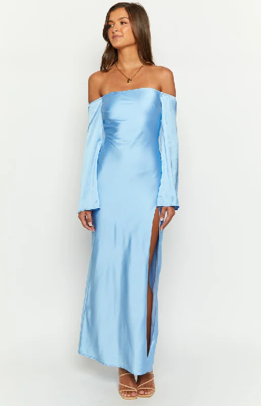 Price Smash Shae Blue Satin Long Sleeve Maxi Dress