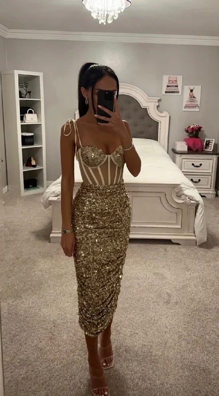 Customer Appreciation Sale GOLD SEQUIN CORSET MIDI DRESS