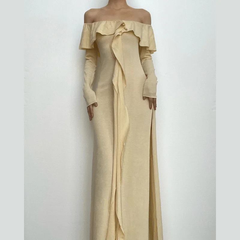 Weekend Flash Sale BerryBetty - Ruffle off shoulder long sleeve backless solid maxi dress
