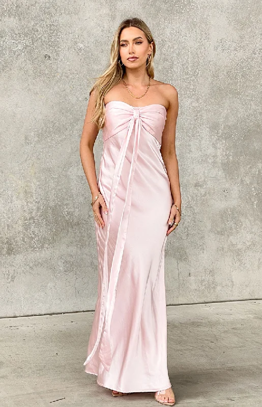 Discount Mania Ariella Pink Satin Strapless Maxi Dress