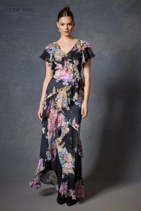 Epic Deals Chiffon V-Neck Ruffle Gown